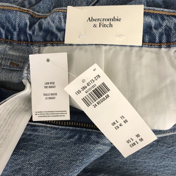 Abercrombie Fitch The Baggy Low Rise Jeans Raw Hem Med Wash 34X18R NWT See Desc - Picture 5 of 6